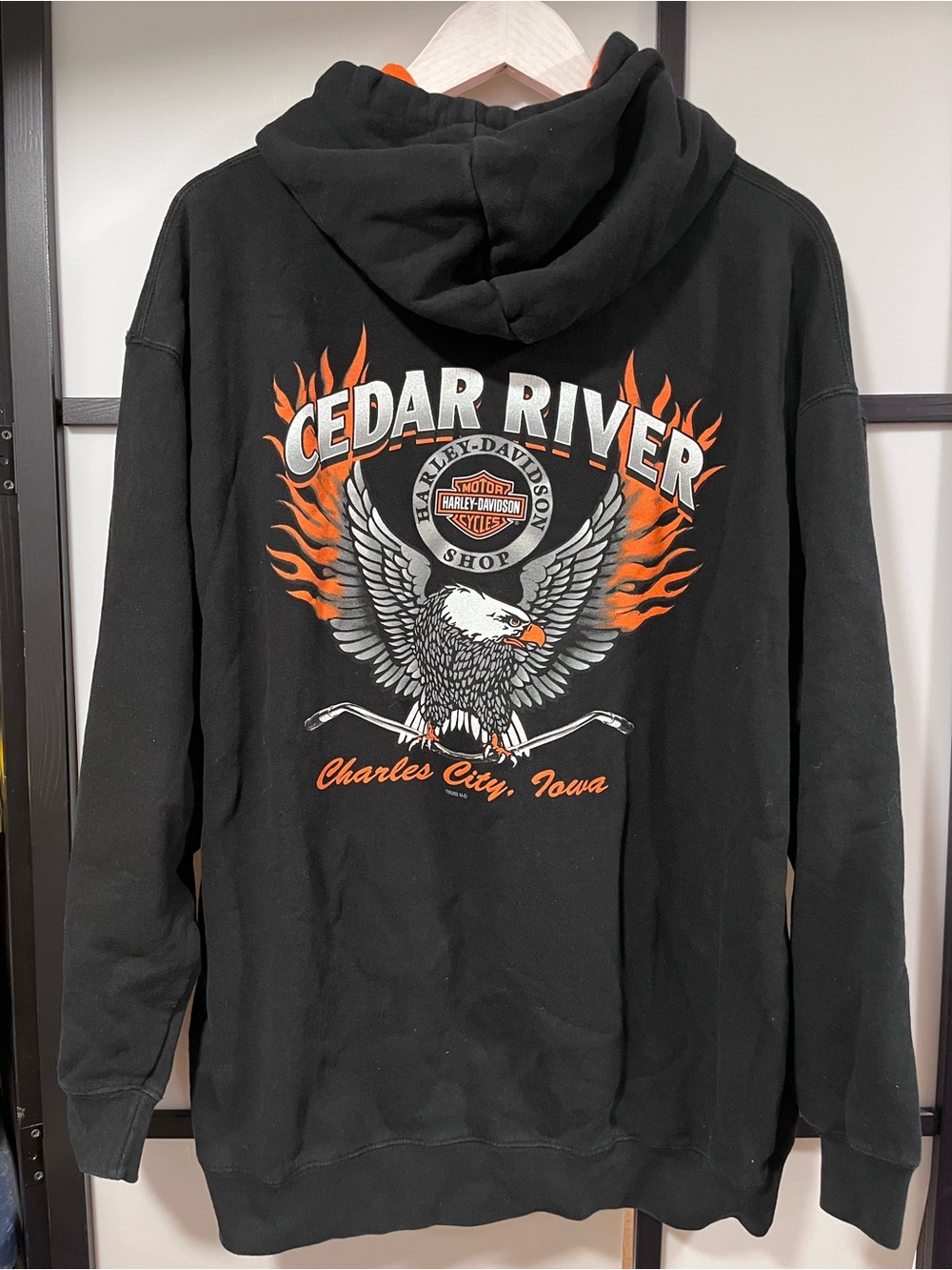 Harley-Davidson Cedar River Charles City Iowa Zip Up Hoodie L Black Orange